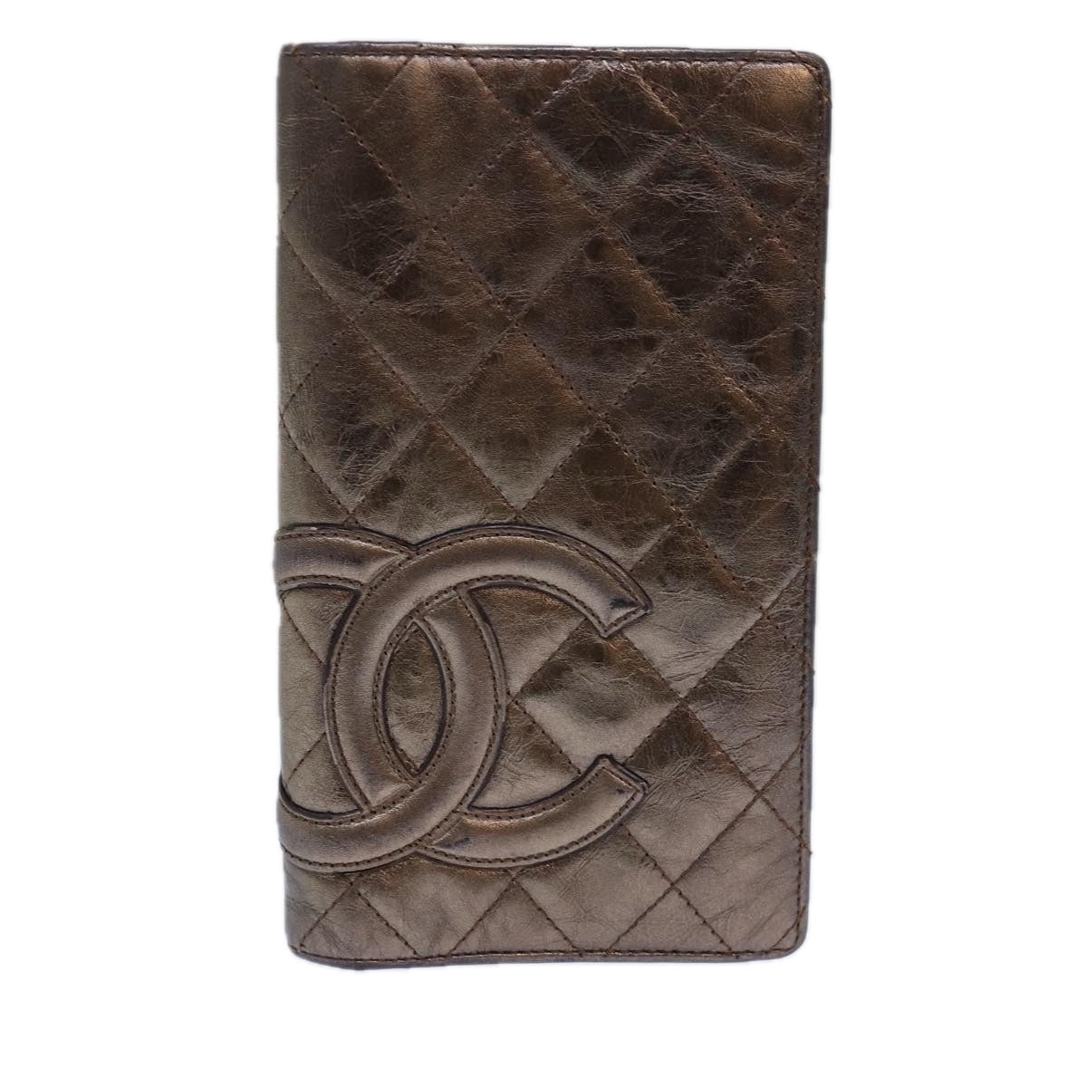 CHANEL Cambon Line Wallet Leather Gold Tone Silver CC Auth ar12327