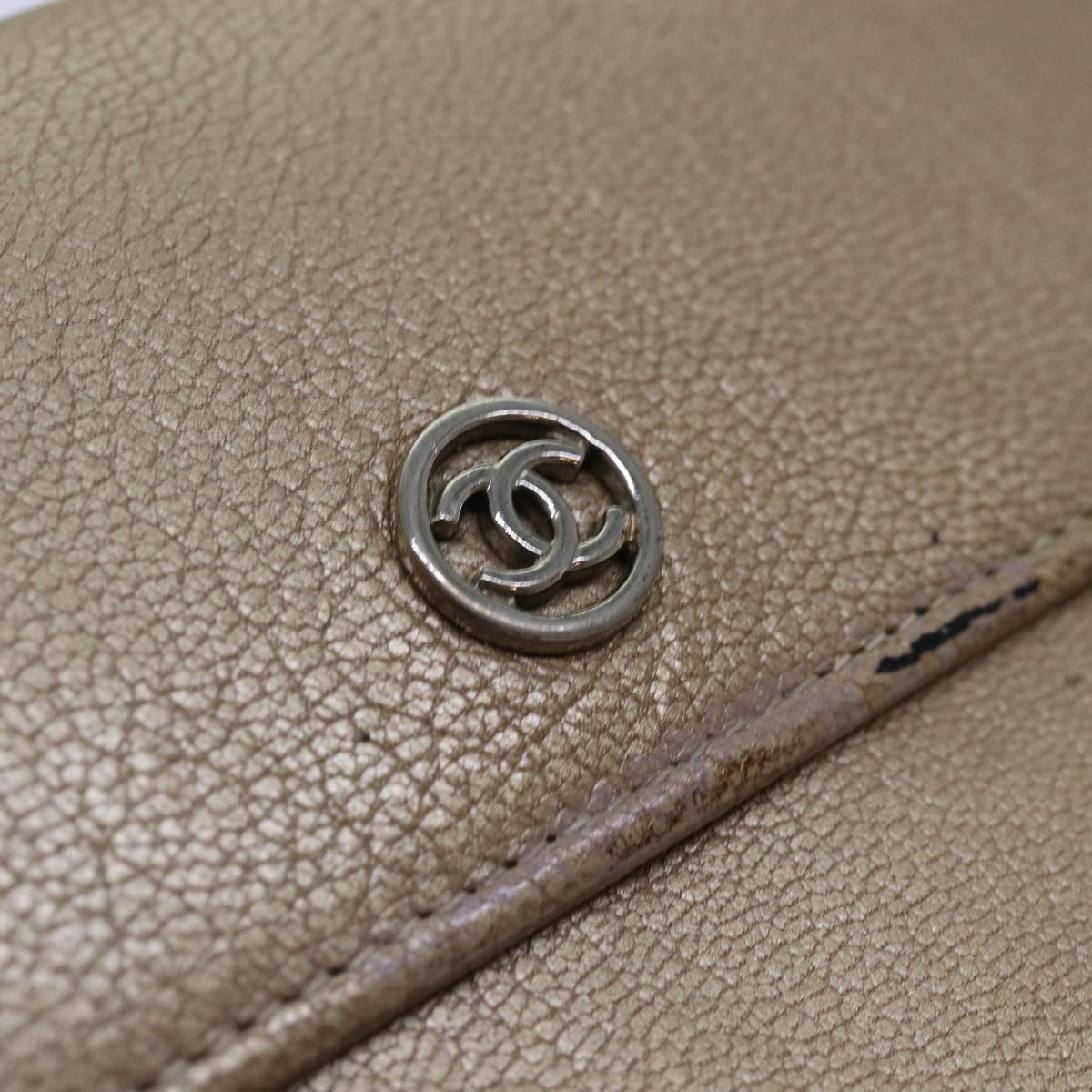 CHANEL COCO Mark Wallet Leather Beige Silver CC Auth ar12390