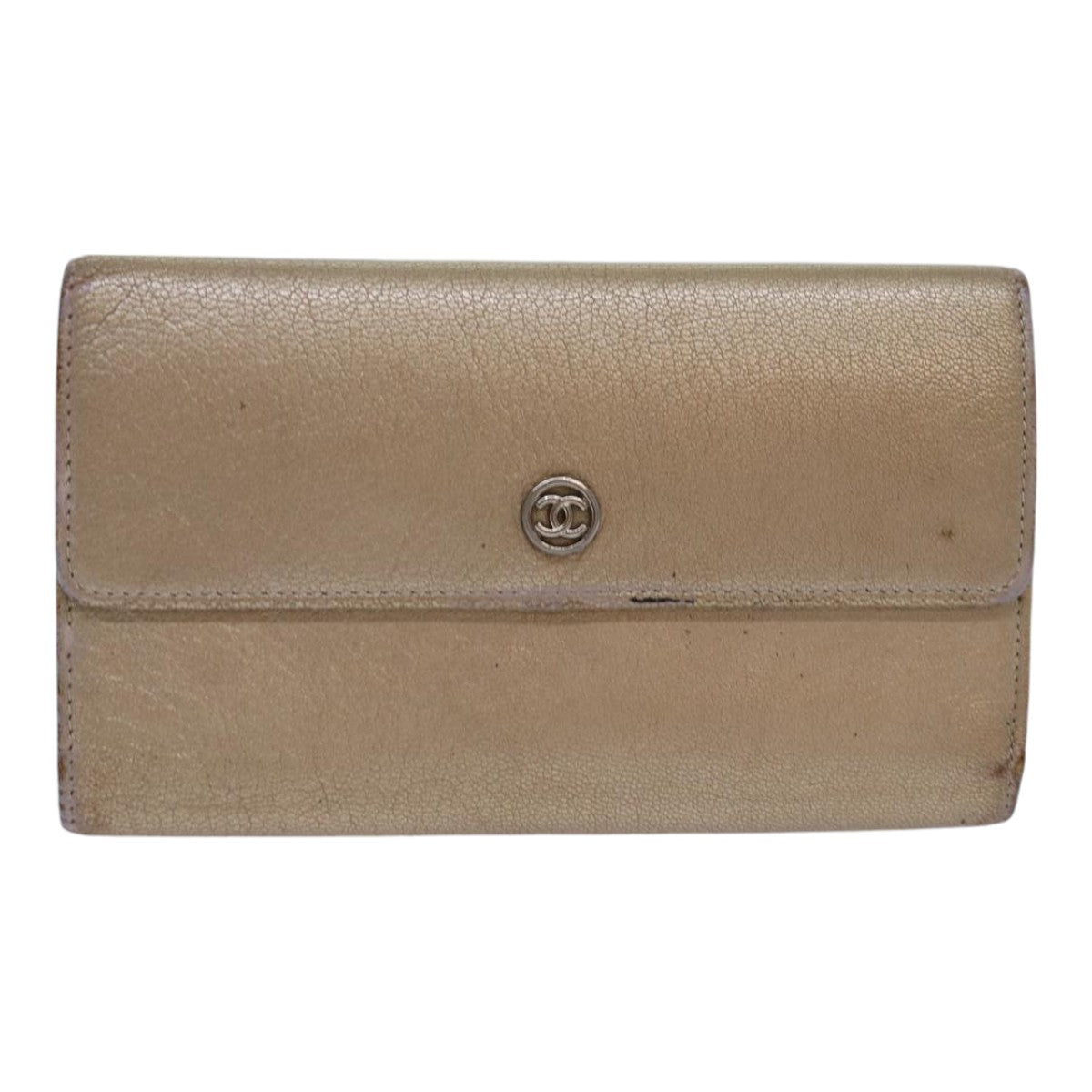 CHANEL COCO Mark Wallet Leather Beige Silver CC Auth ar12390