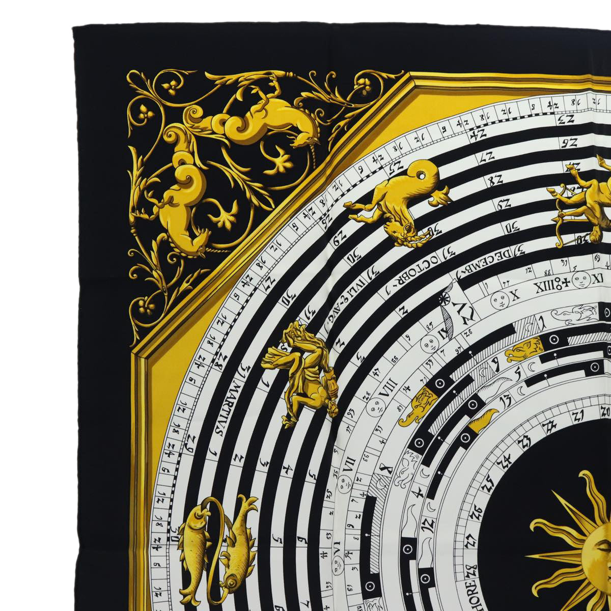 HERMES Carre 90 Scarf DIES ET HORE Silk Black White Auth ar12415