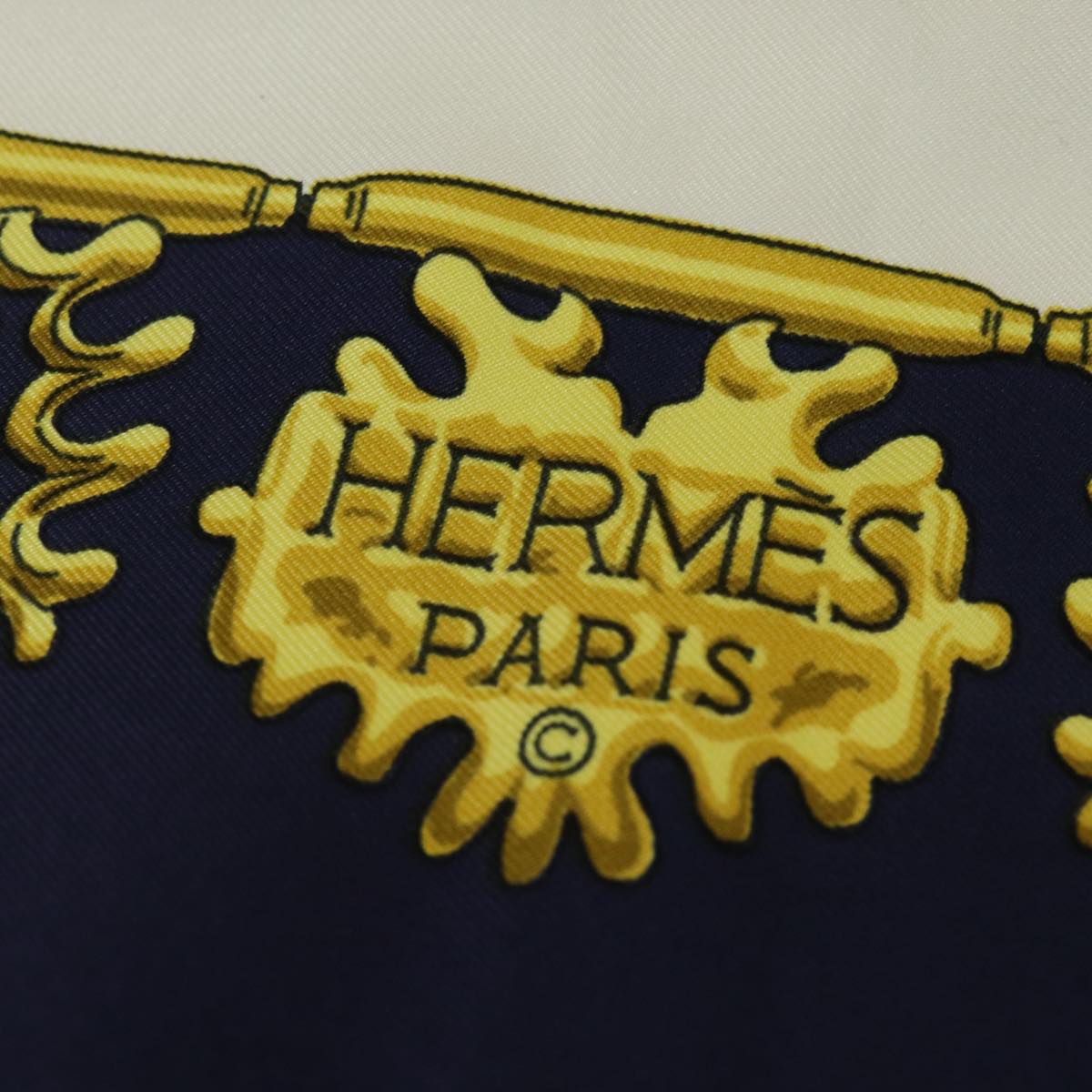 HERMES Carre 90 Scarf Silk ""LES CAVALIERS D'OR"" Navy White Auth ar12421