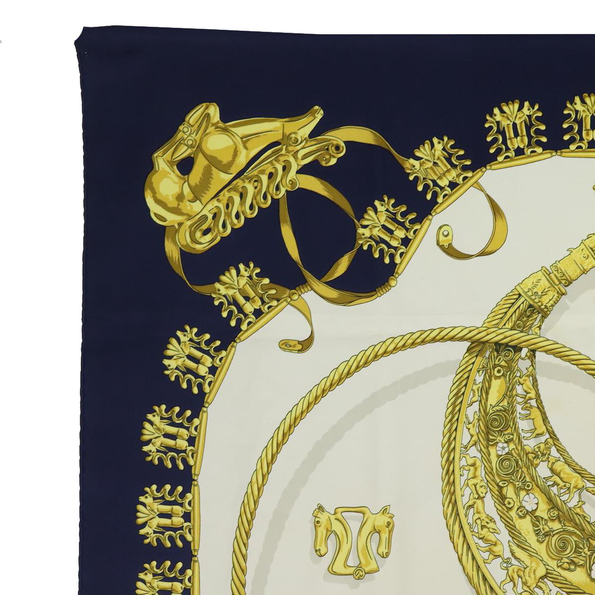 HERMES Carre 90 Scarf Silk ""LES CAVALIERS D'OR"" Navy White Auth ar12421