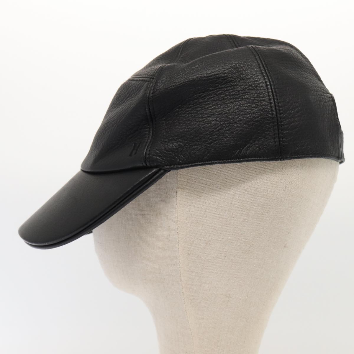 HERMES Cap Leather 58 Black Auth ar12426