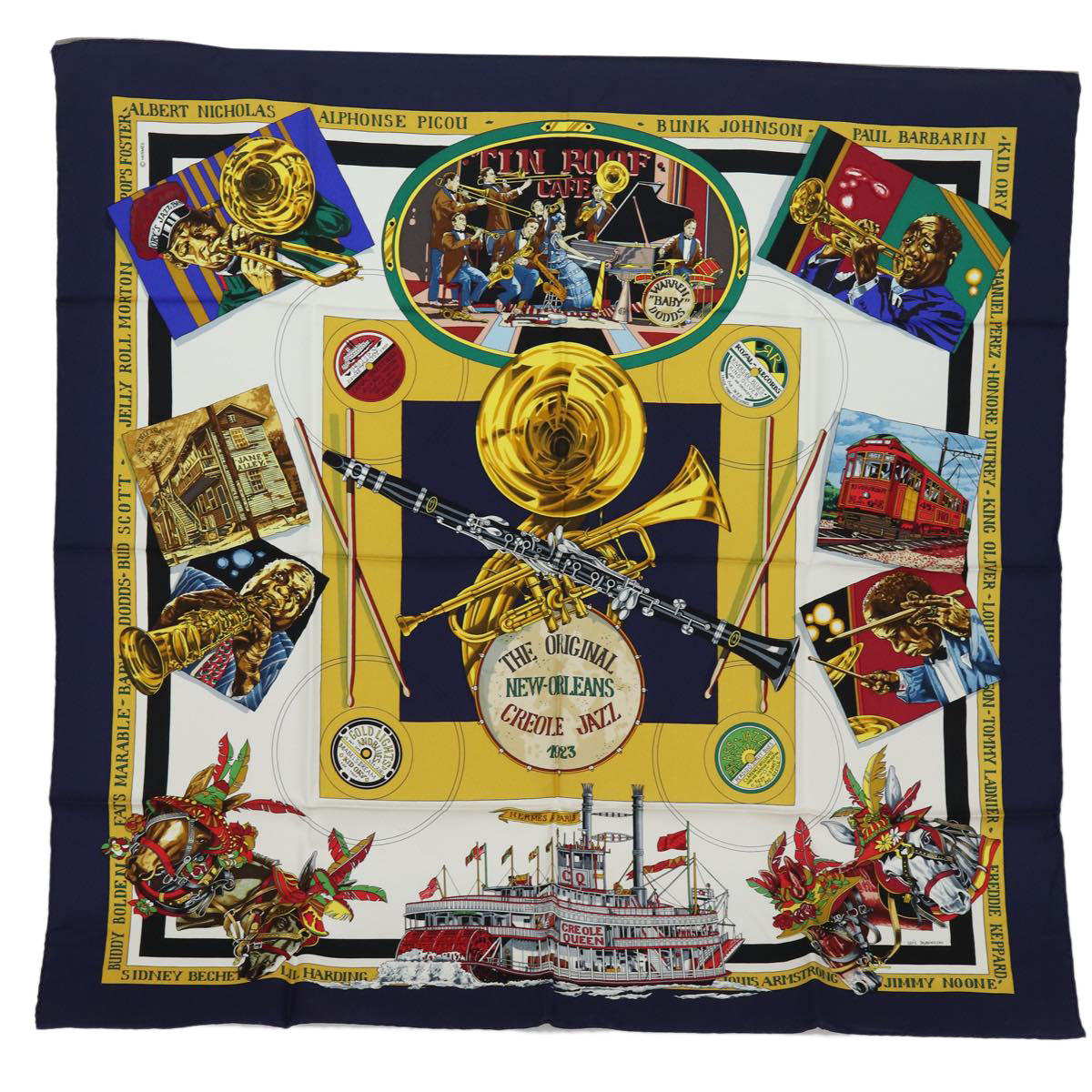 HERMES Carre 90 Scarf "The Original New Orleans Creole Jazz 1923" Auth ar12446