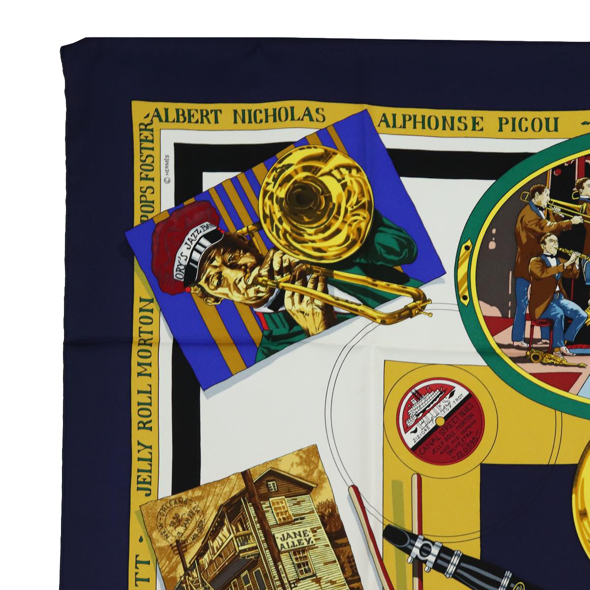 HERMES Carre 90 Scarf "The Original New Orleans Creole Jazz 1923" Auth ar12446