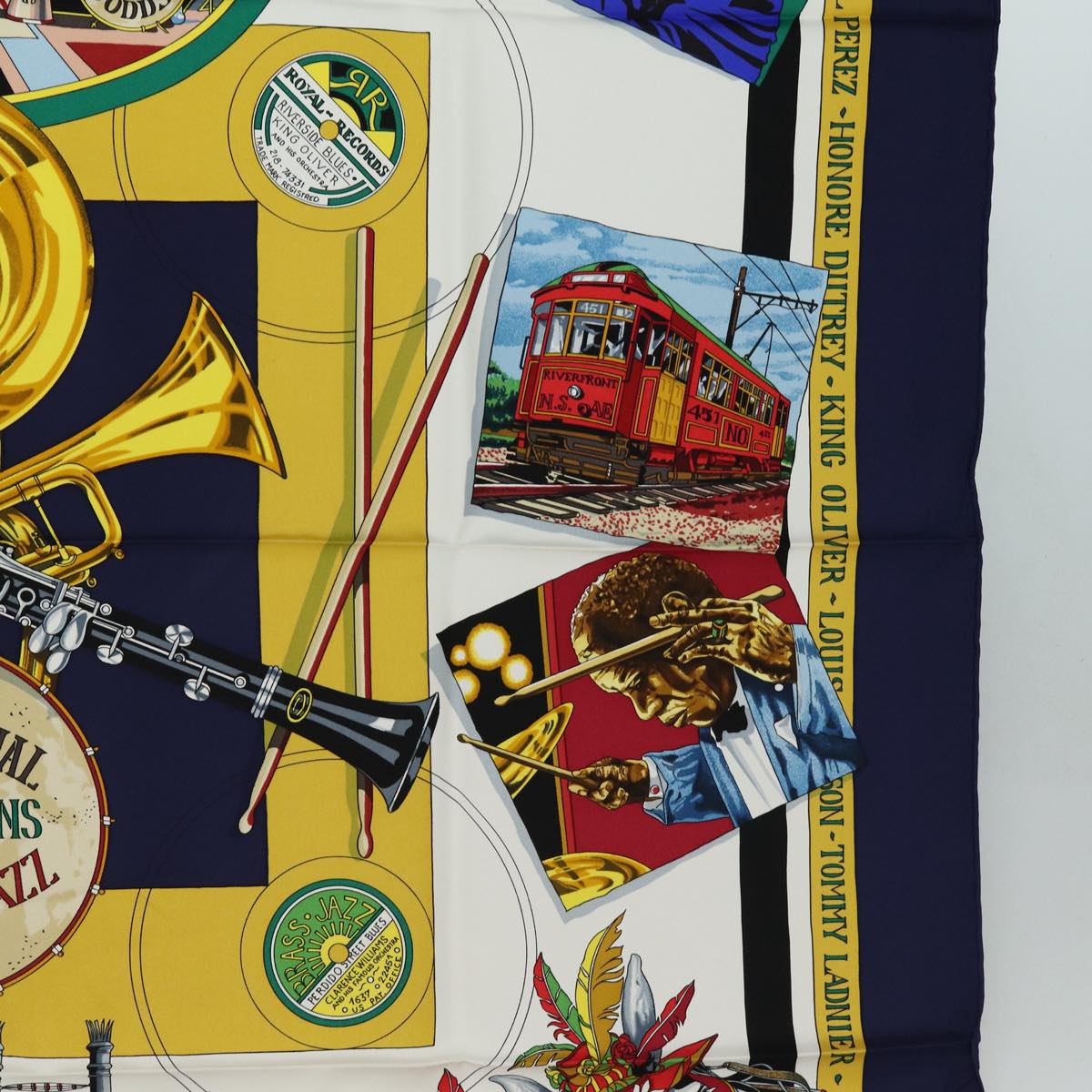 HERMES Carre 90 Scarf "The Original New Orleans Creole Jazz 1923" Auth ar12446