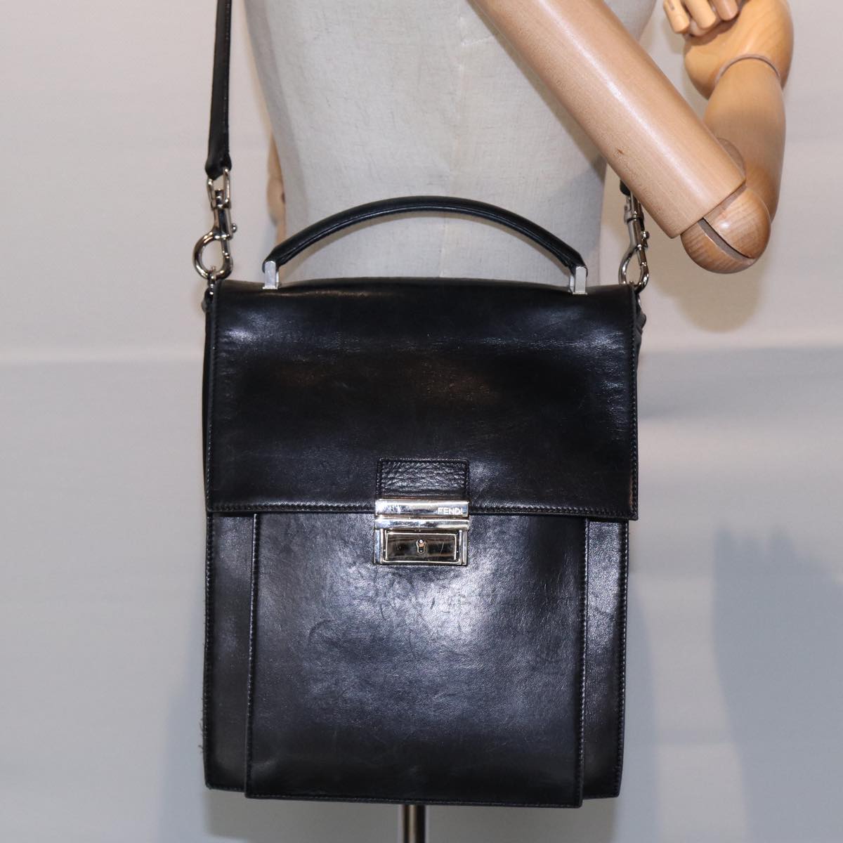 FENDI Hand Bag Leather 2way Black Silver Auth ar12462