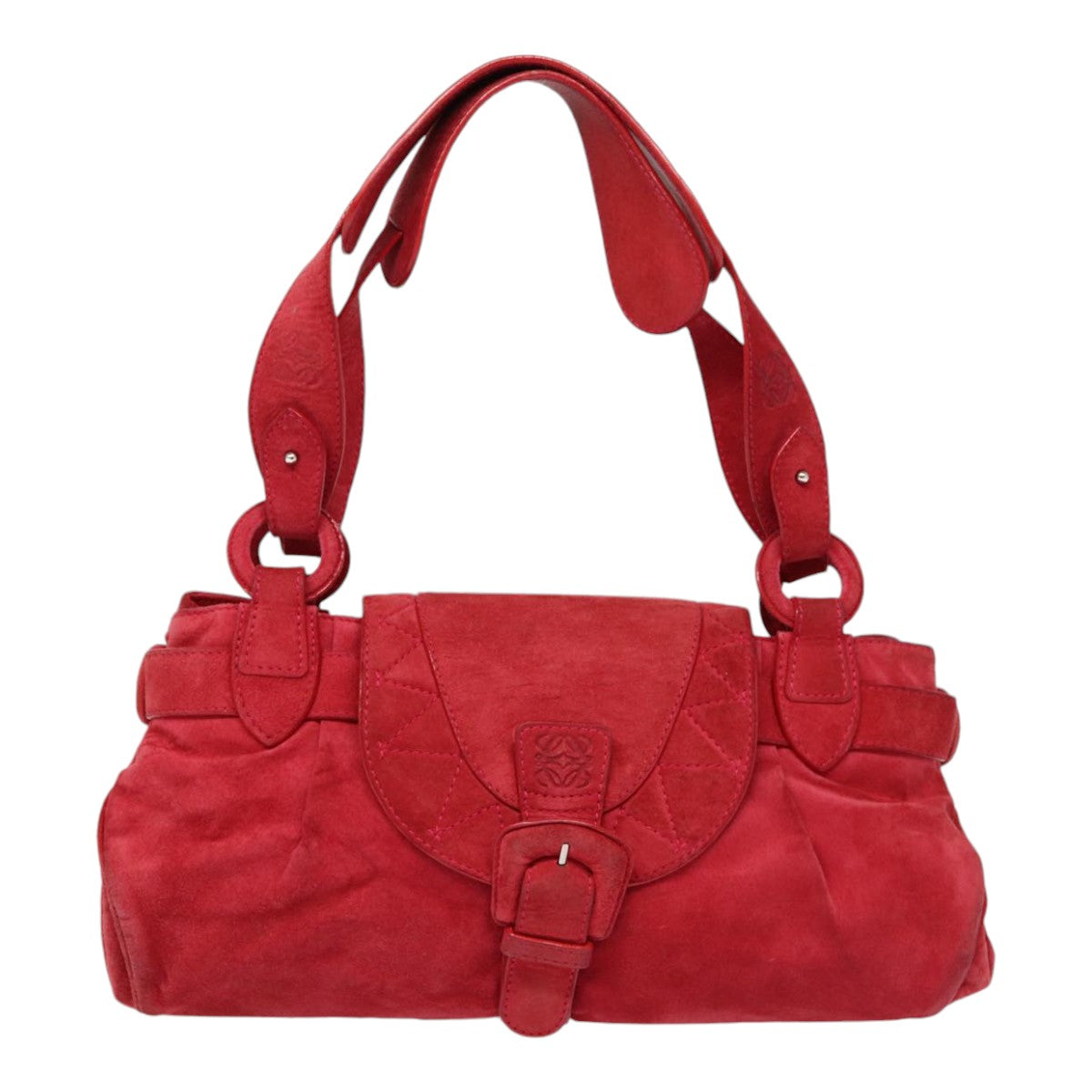 LOEWE Anagram Shoulder Bag Suede Silver Red Auth ar12491