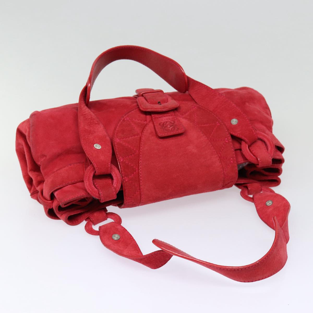 LOEWE Anagram Shoulder Bag Suede Silver Red Auth ar12491