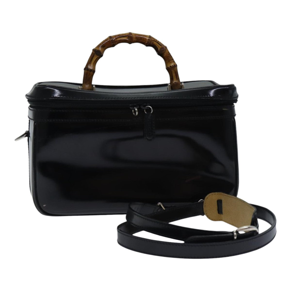 GUCCI Bamboo Vanity Hand Bag Patent 2way Black Silver 013 122 2491 Auth ar12527