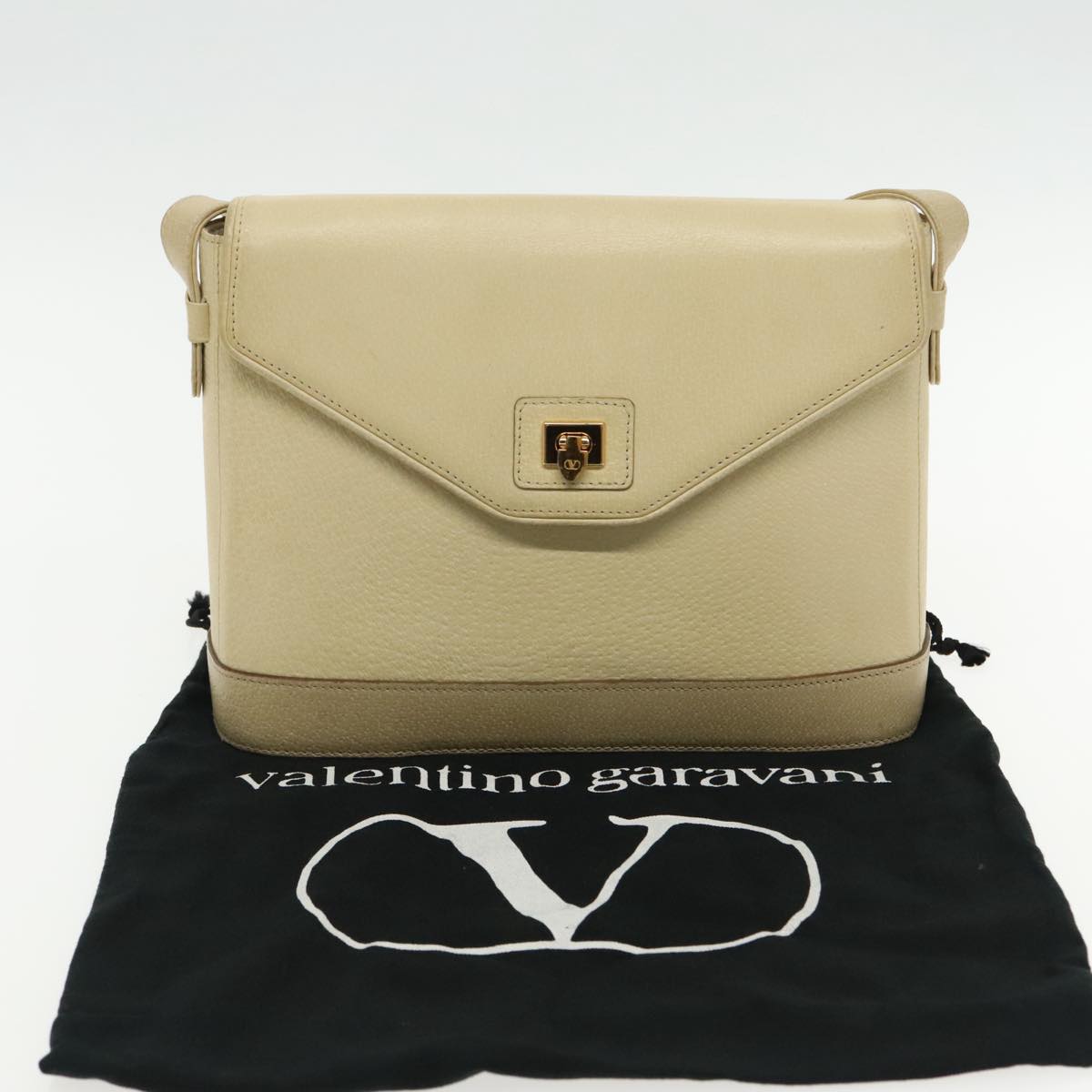 VALENTINO Hand Bag Leather Beige Gold Auth ar12652