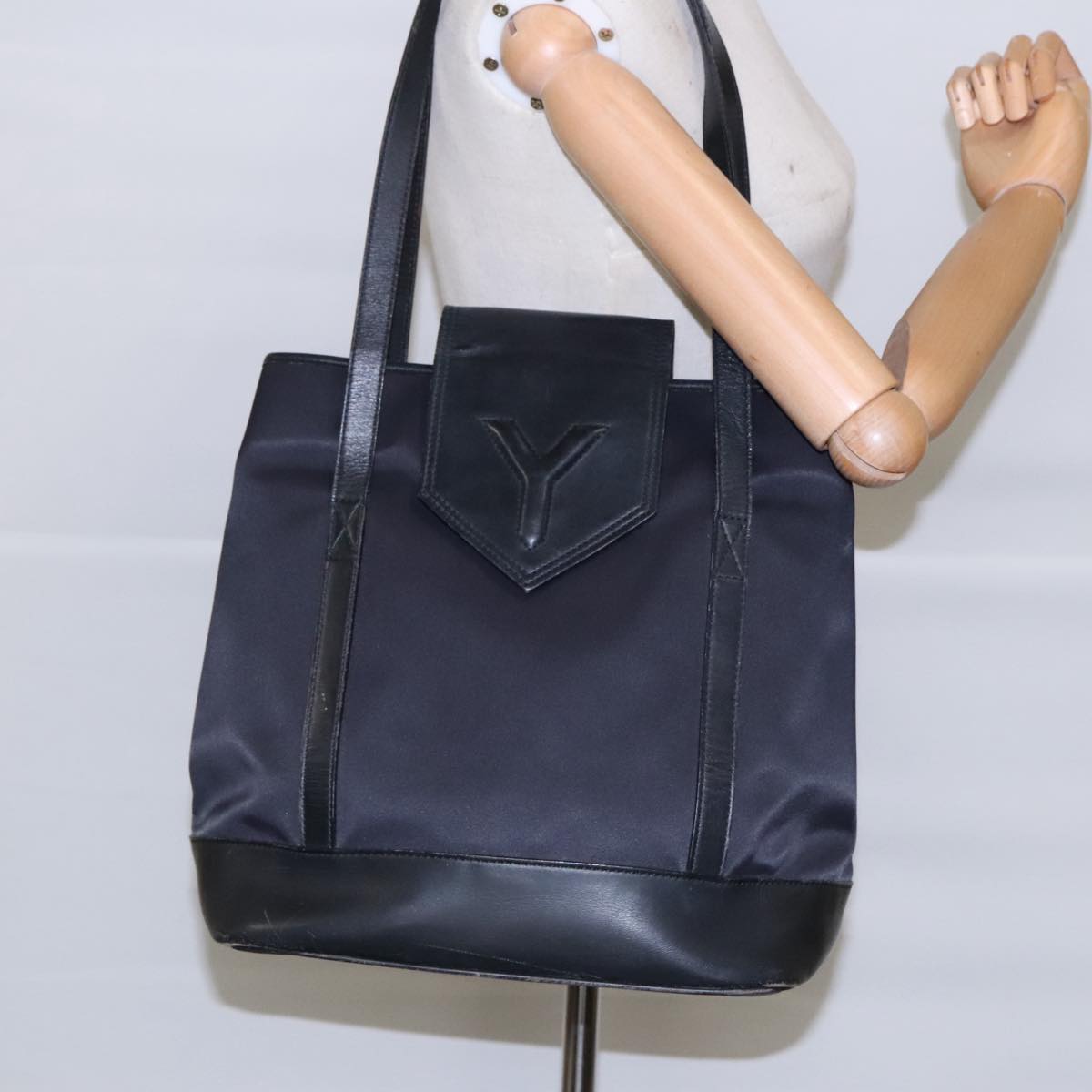 SAINT LAURENT Tote Bag Nylon Leather Black Gold Auth ar12681