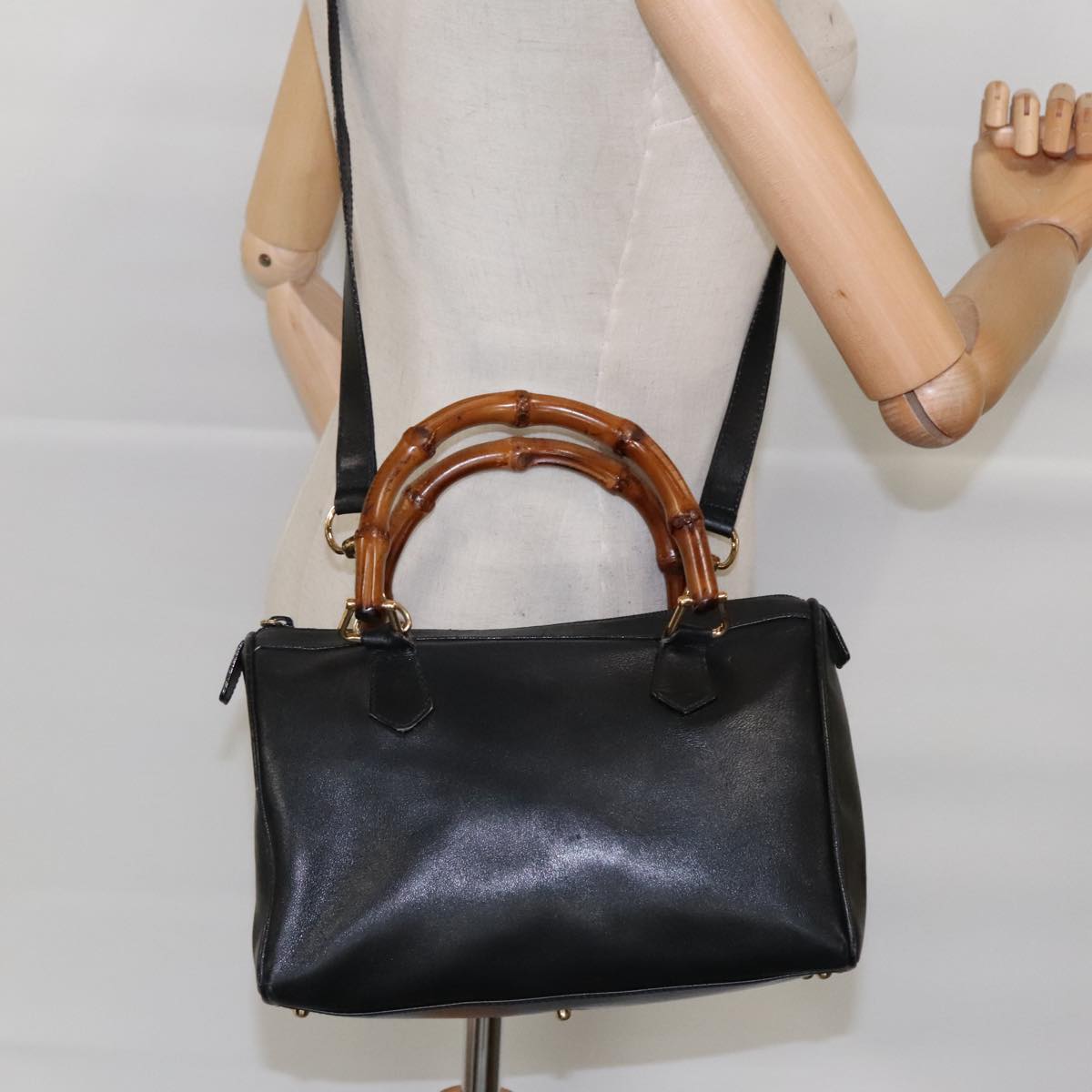 GUCCI Bamboo Hand Bag Leather 2way Black Gold 000 122 0294 Auth ar12684