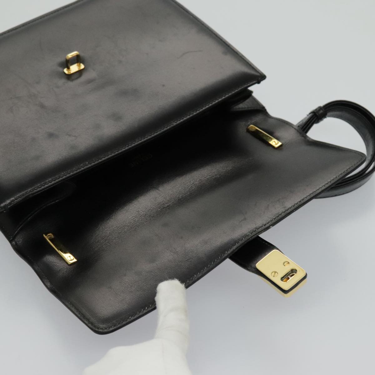 CELINE Shoulder Bag Leather Black Gold Auth ar12705