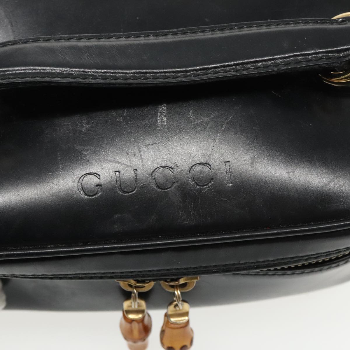 GUCCI Bamboo Vanity Cosmetic Pouch Leather Black 032 1956 0151 Auth ar12707