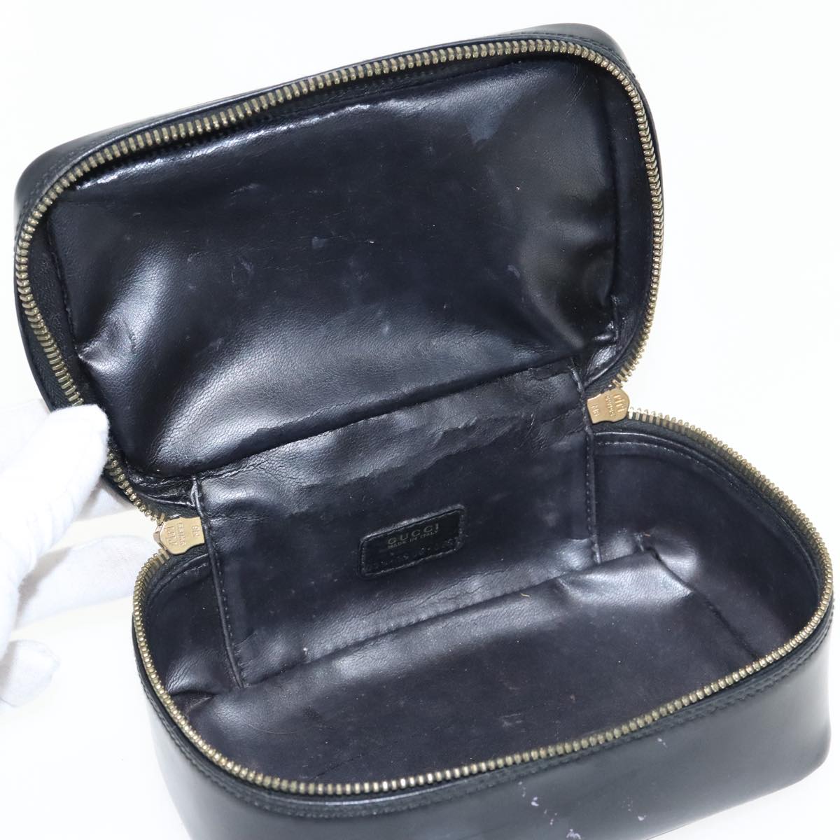 GUCCI Bamboo Vanity Cosmetic Pouch Leather Black 032 1956 0151 Auth ar12707