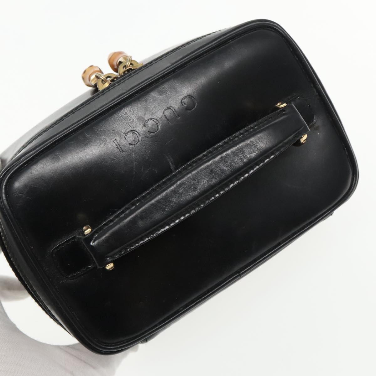 GUCCI Bamboo Vanity Cosmetic Pouch Leather Black 032 1956 0151 Auth ar12707