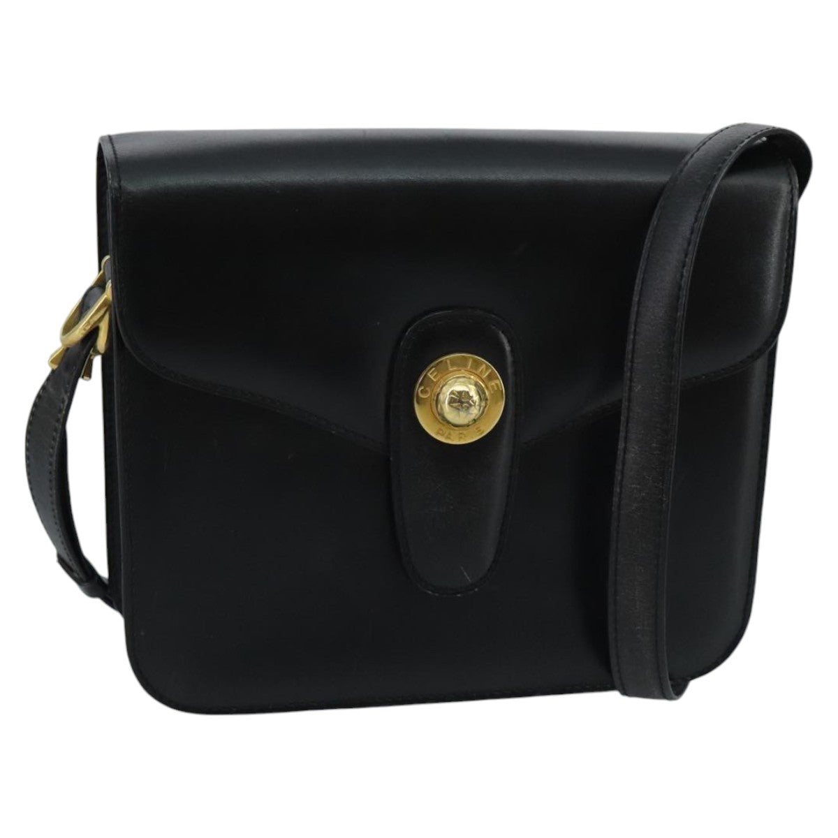 CELINE Shoulder Bag Leather Black Auth ar12782