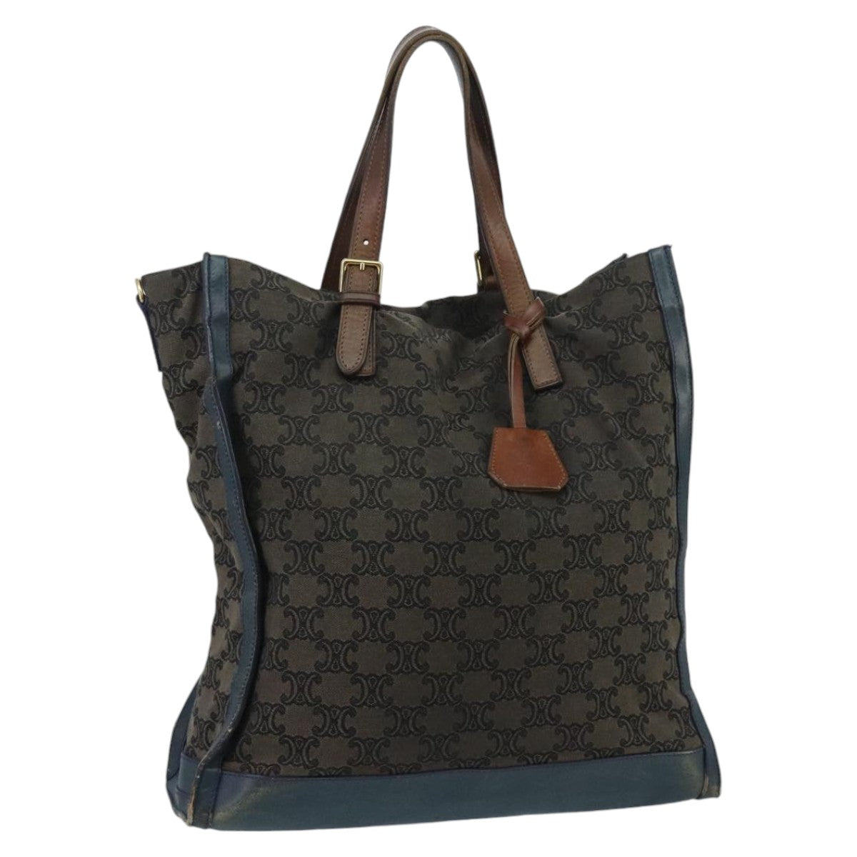 CELINE Paris Macadam Canvas Tote Bag Brown Navy Gold Auth ar12827