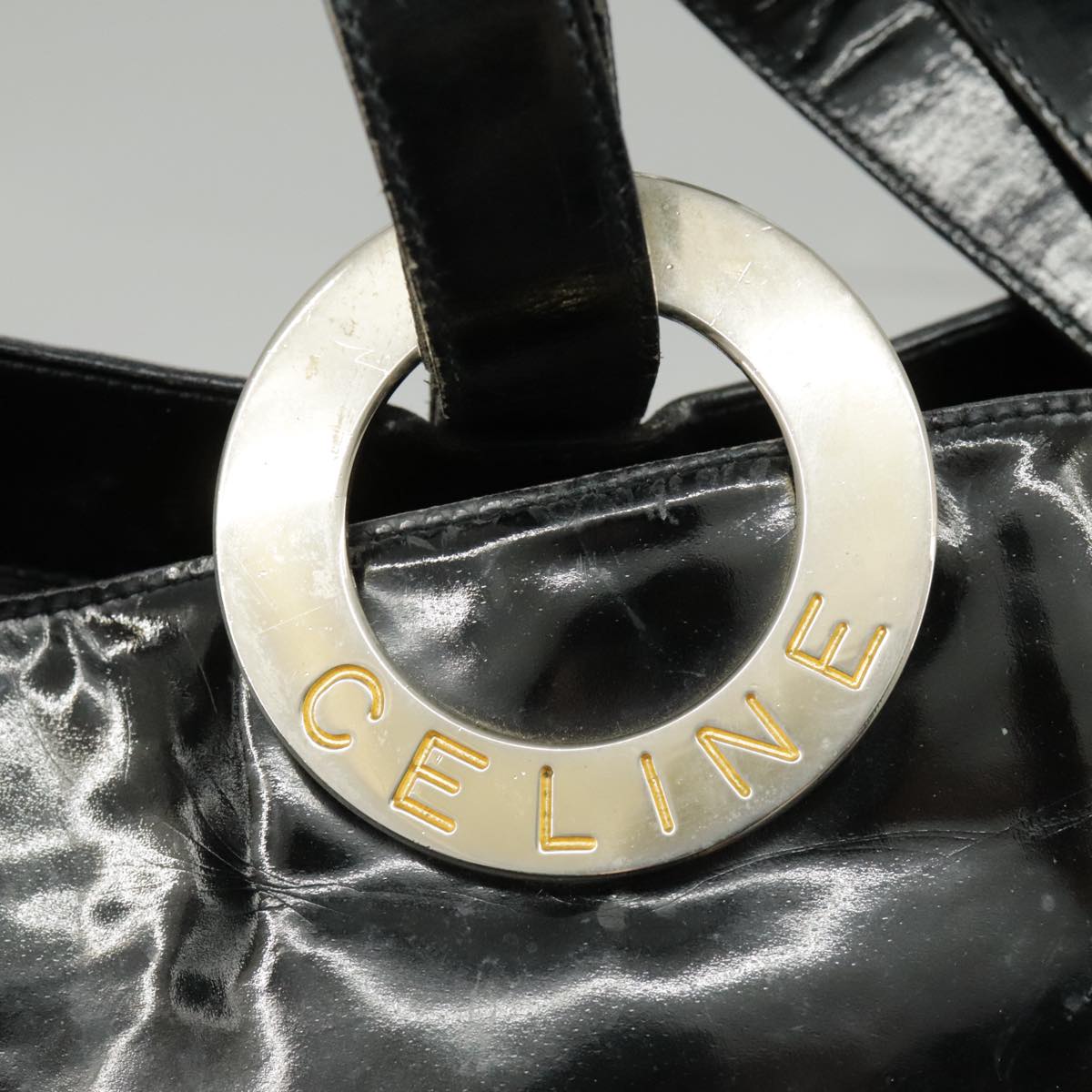 CELINE Shoulder Bag Enamel Black Auth ar12829