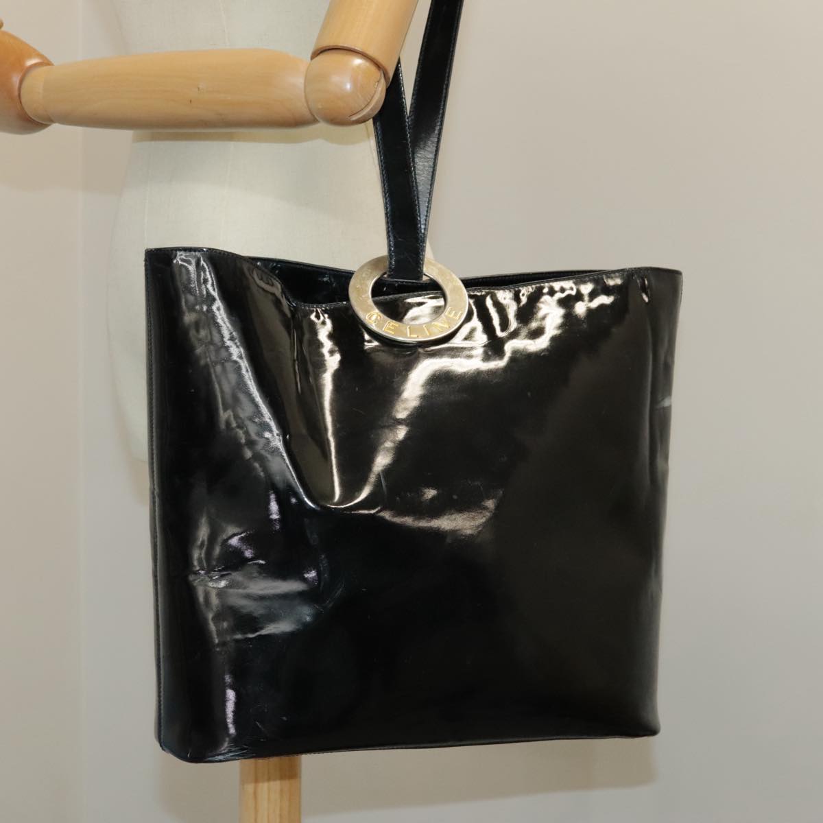 CELINE Shoulder Bag Enamel Black Auth ar12829