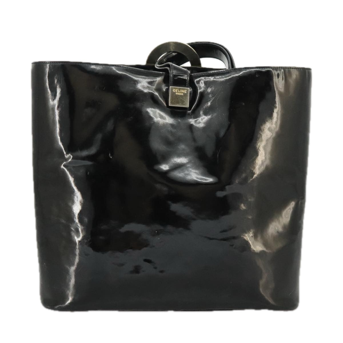 CELINE Shoulder Bag Enamel Black Auth ar12829