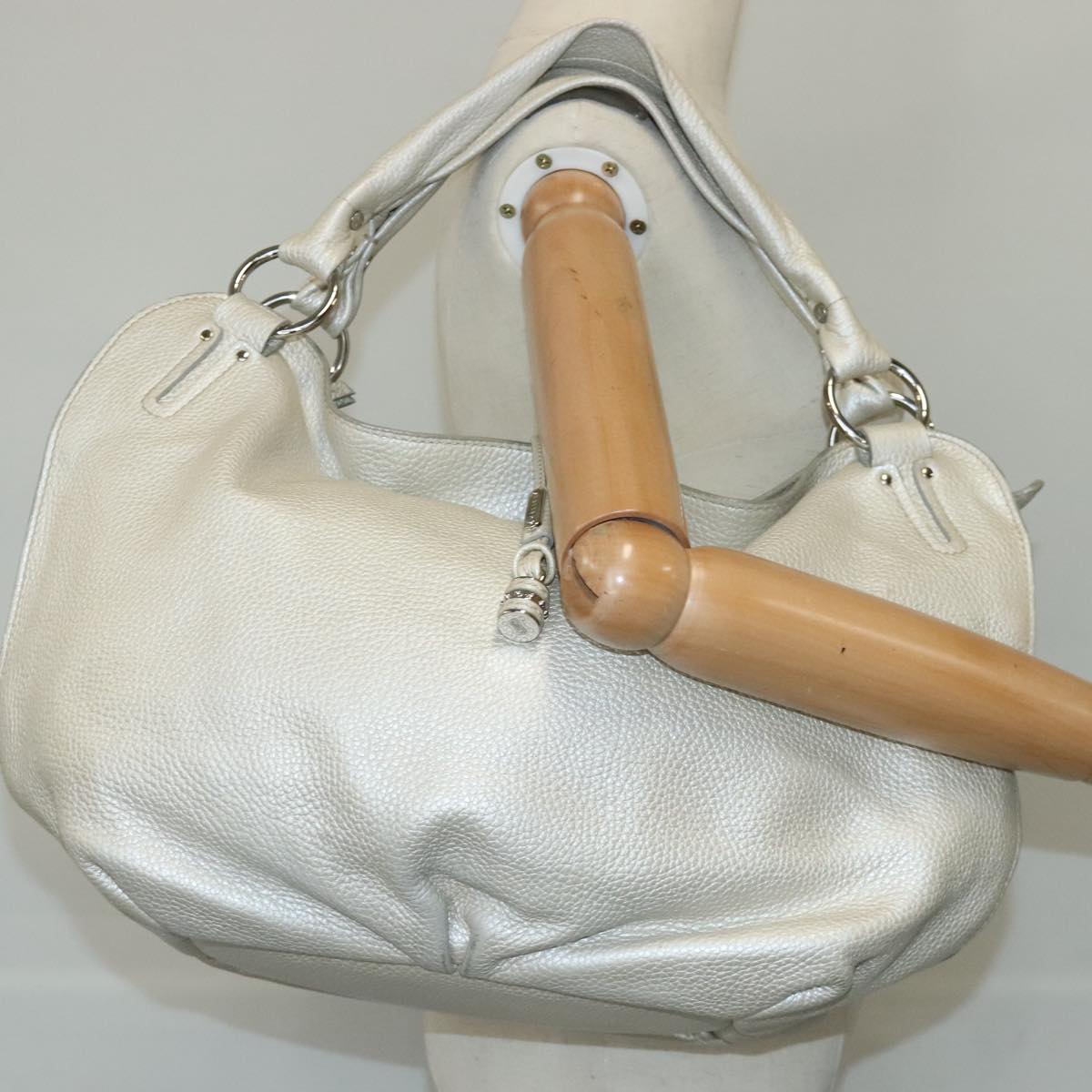 CELINE Hand Bag Leather White Silver Auth ar12830