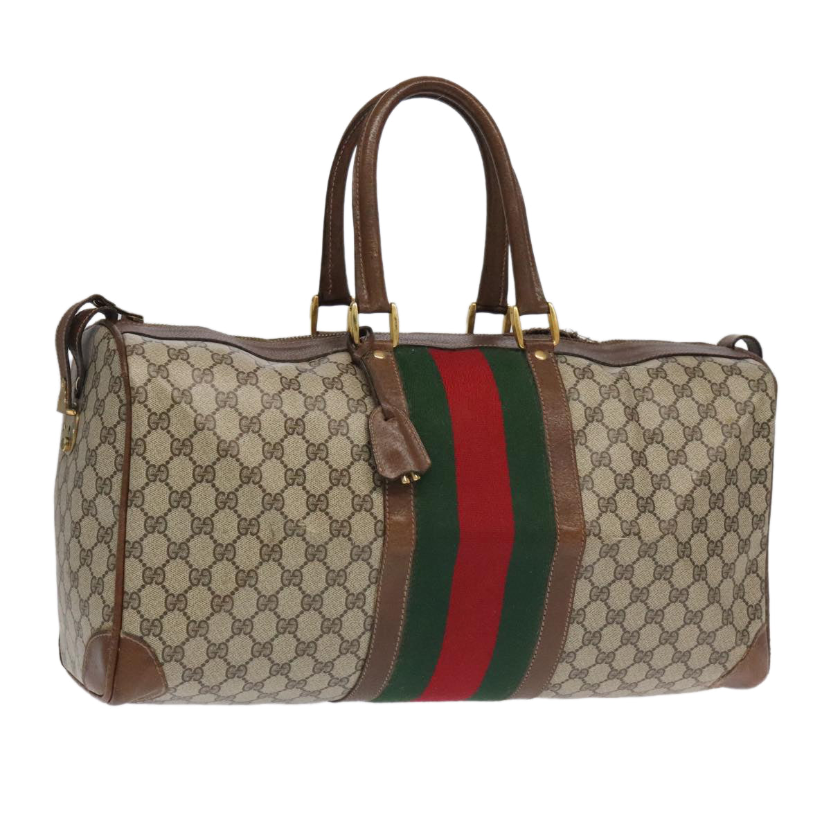 GUCCI GG Supreme Web Sherry Line Boston Bag PVC Beige Green Red Auth ar12835