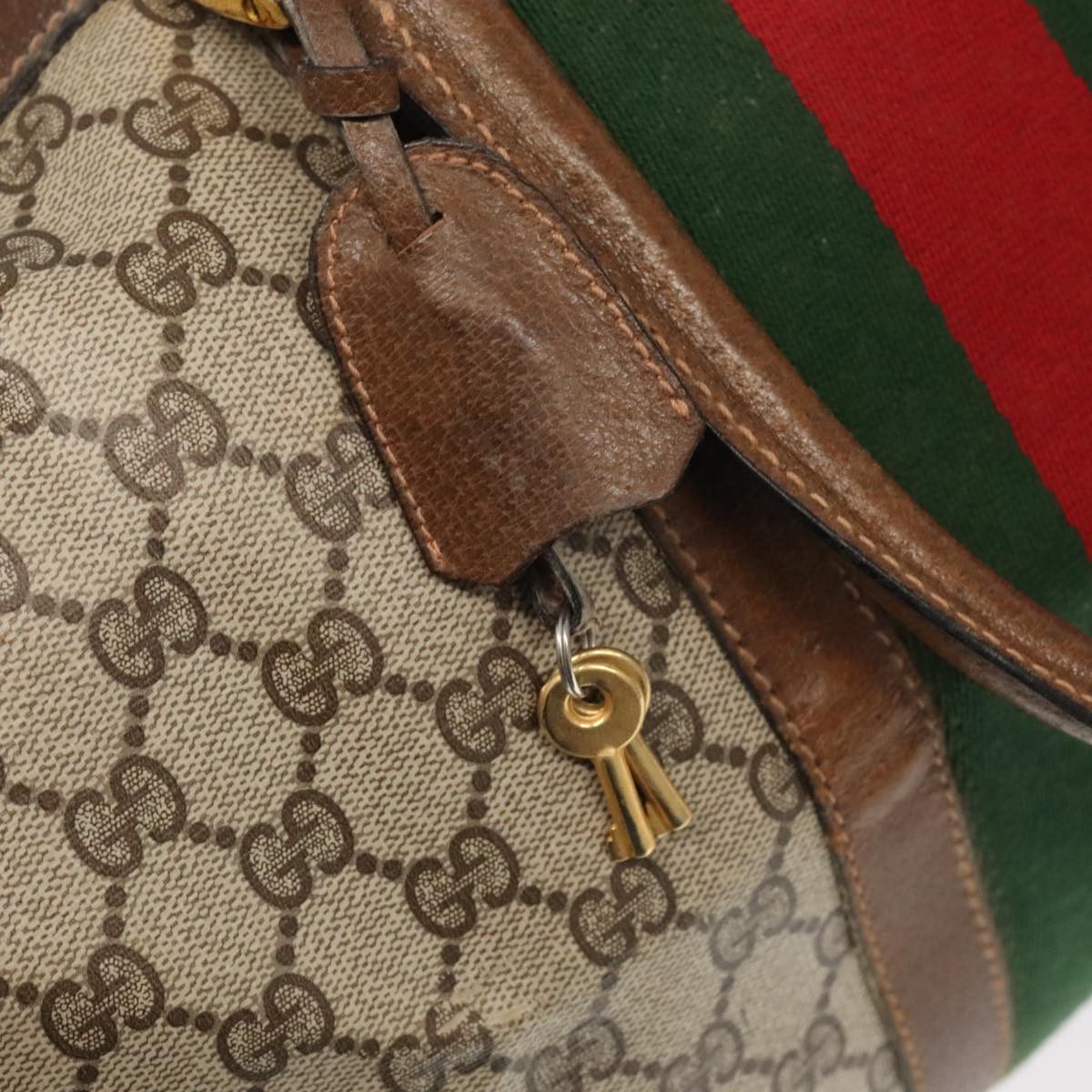 GUCCI GG Supreme Web Sherry Line Boston Bag PVC Beige Green Red Auth ar12835