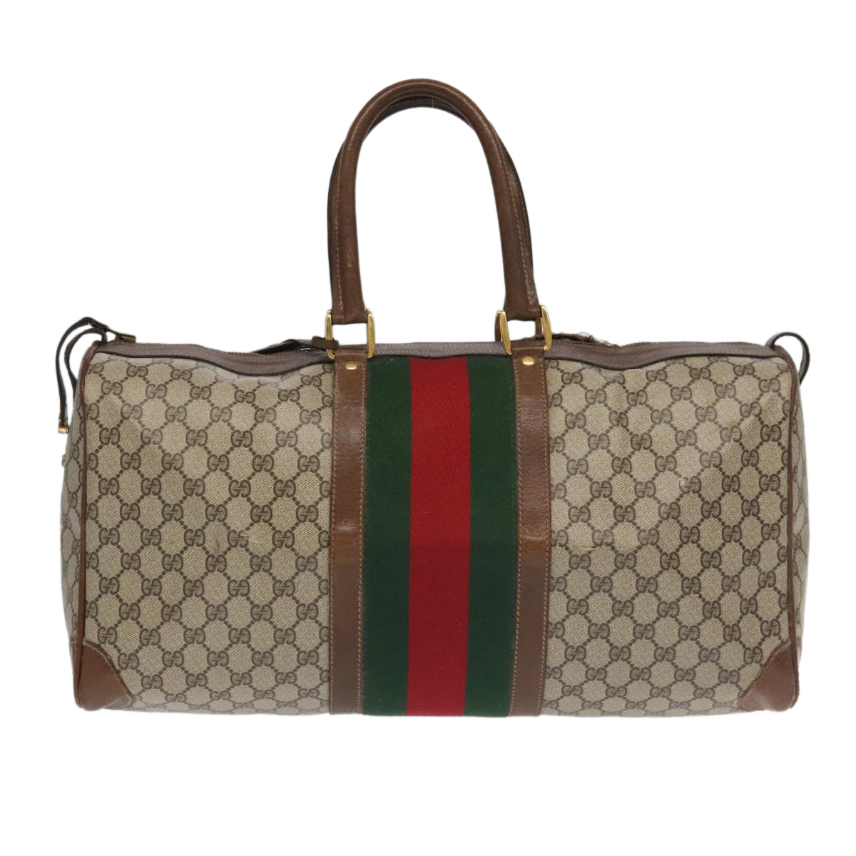 GUCCI GG Supreme Web Sherry Line Boston Bag PVC Beige Green Red Auth ar12835