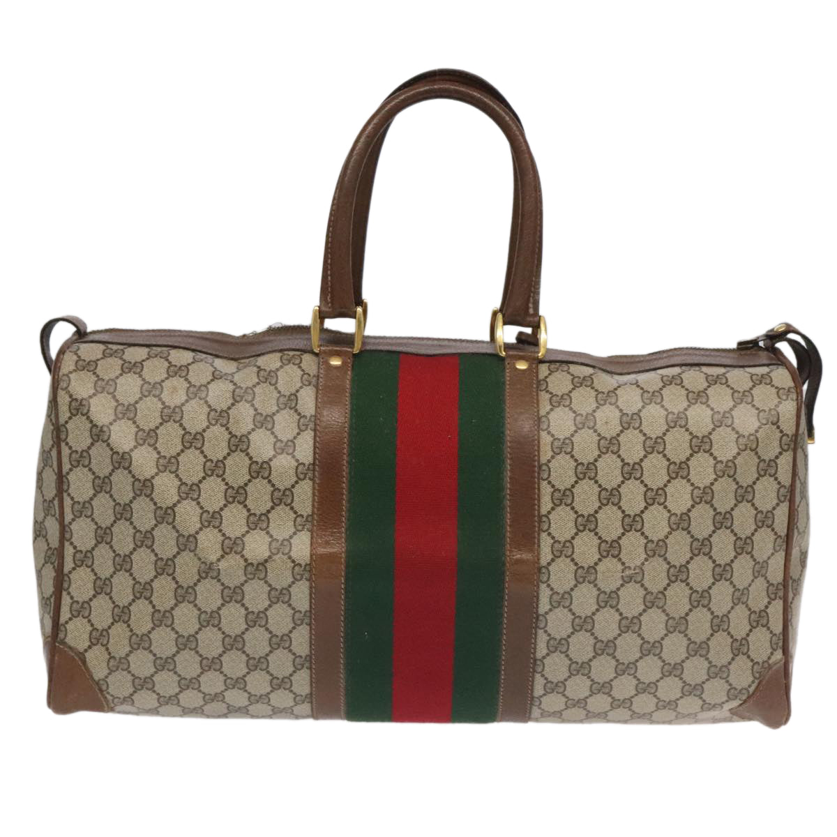 GUCCI GG Supreme Web Sherry Line Boston Bag PVC Beige Green Red Auth ar12835