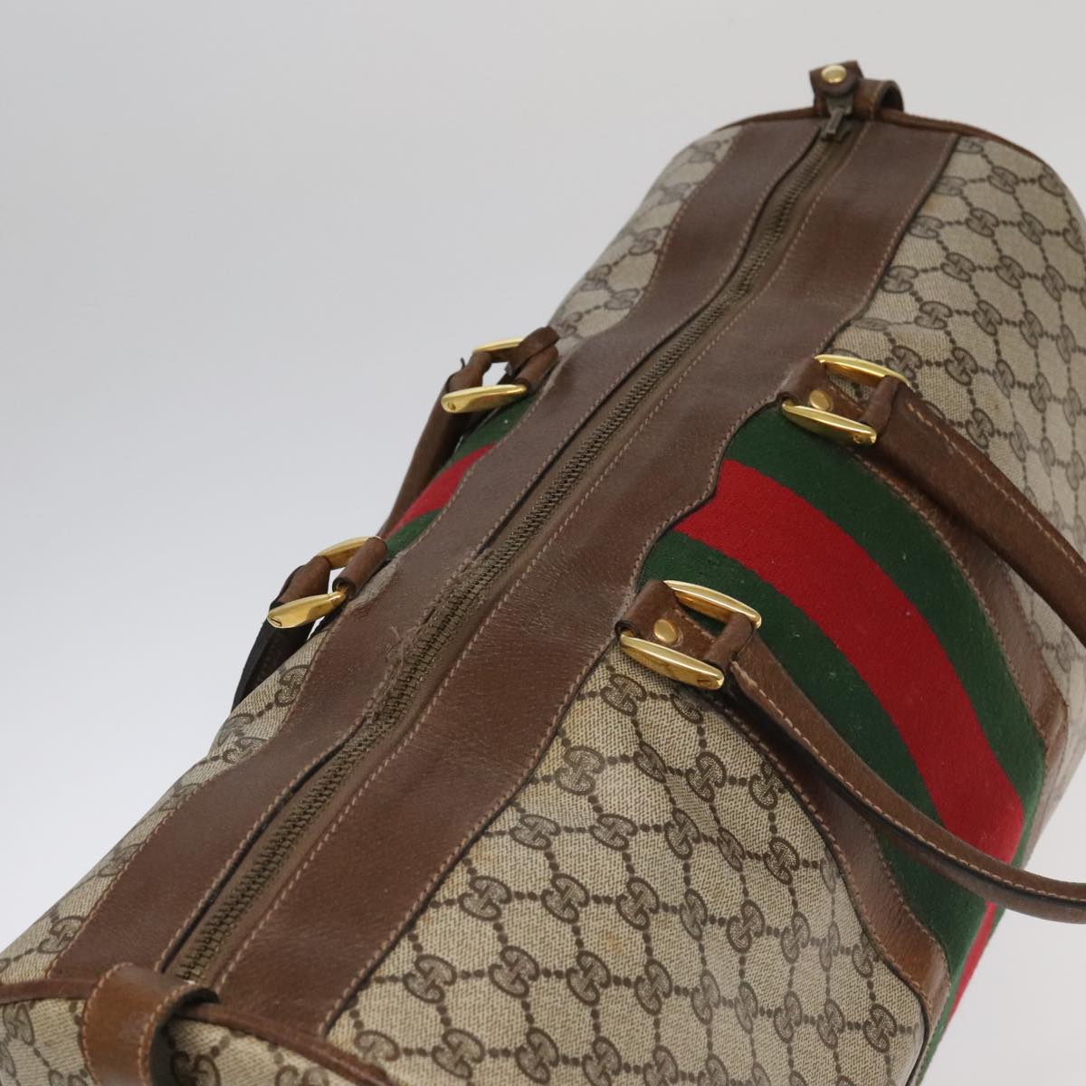 GUCCI GG Supreme Web Sherry Line Boston Bag PVC Beige Green Red Auth ar12835