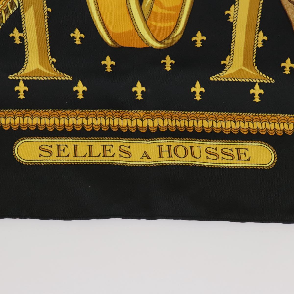 HERMES Carre 90 Scarf ""SELLES A HOUSSE"" Silk Black Yellow Auth ar12890