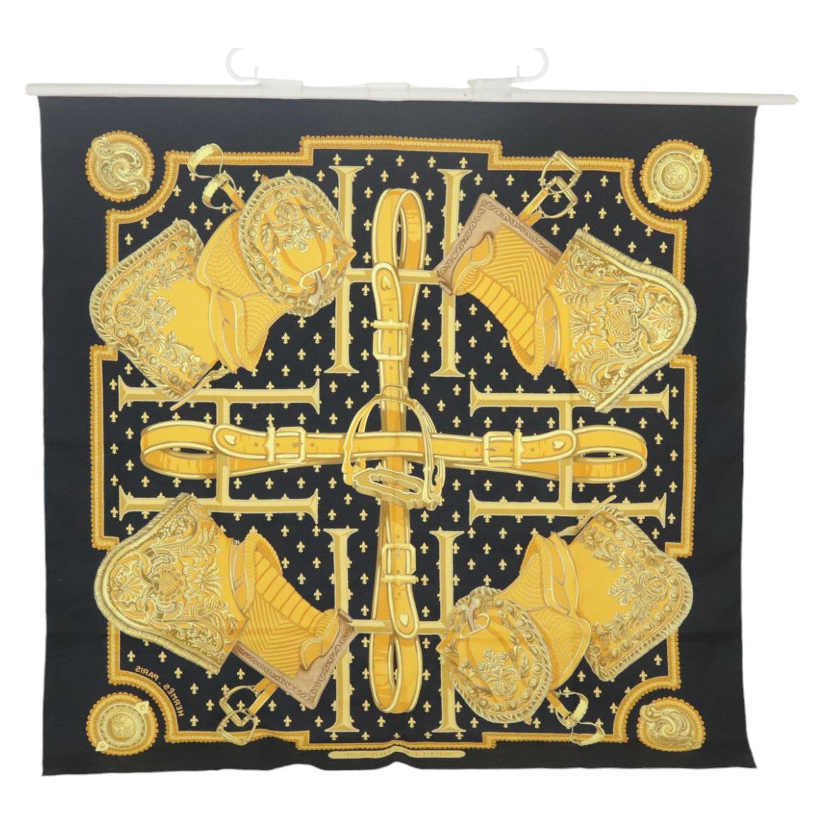 HERMES Carre 90 Scarf ""SELLES A HOUSSE"" Silk Black Yellow Auth ar12890