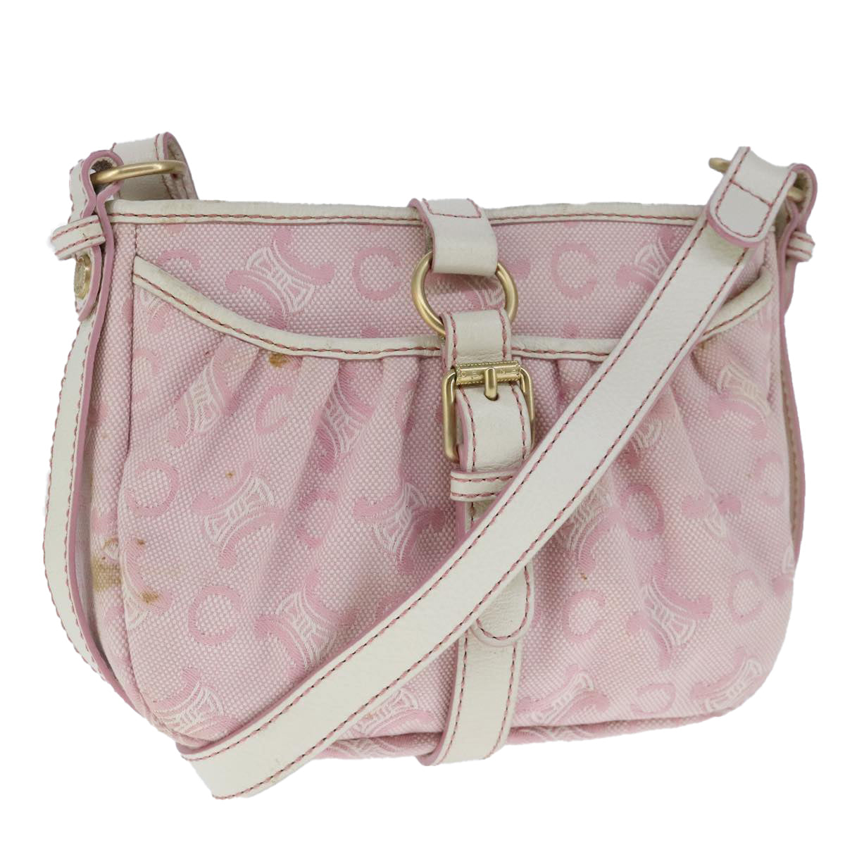 CELINE C Macadam Canvas Shoulder Bag Pink White Gold Auth ar12950