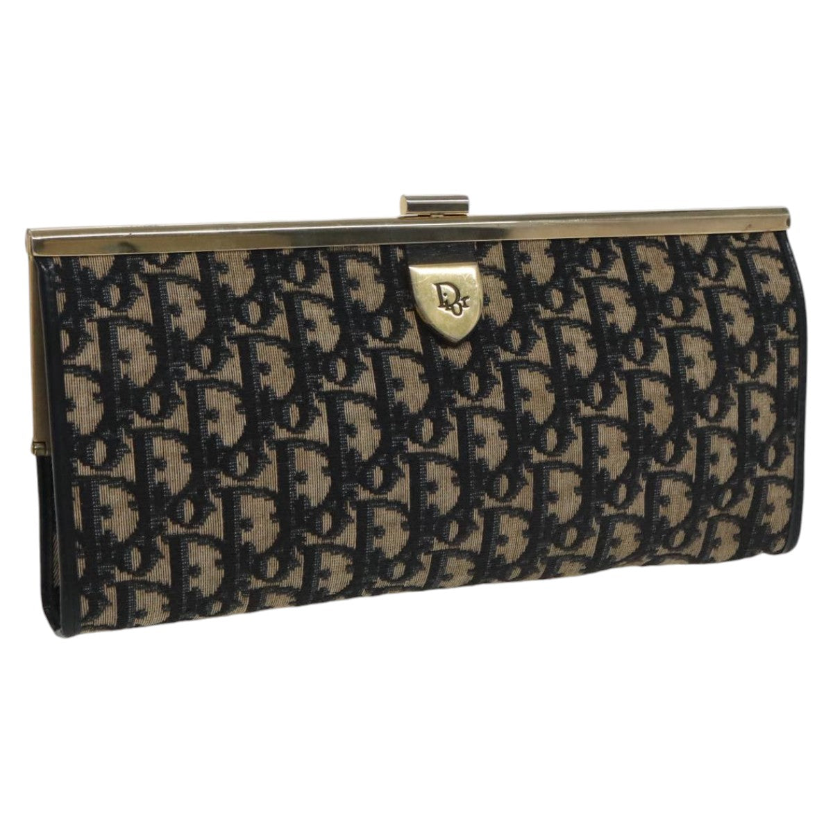 Christian Dior Trotter Canvas Clutch Bag Gold Navy Auth ar12951