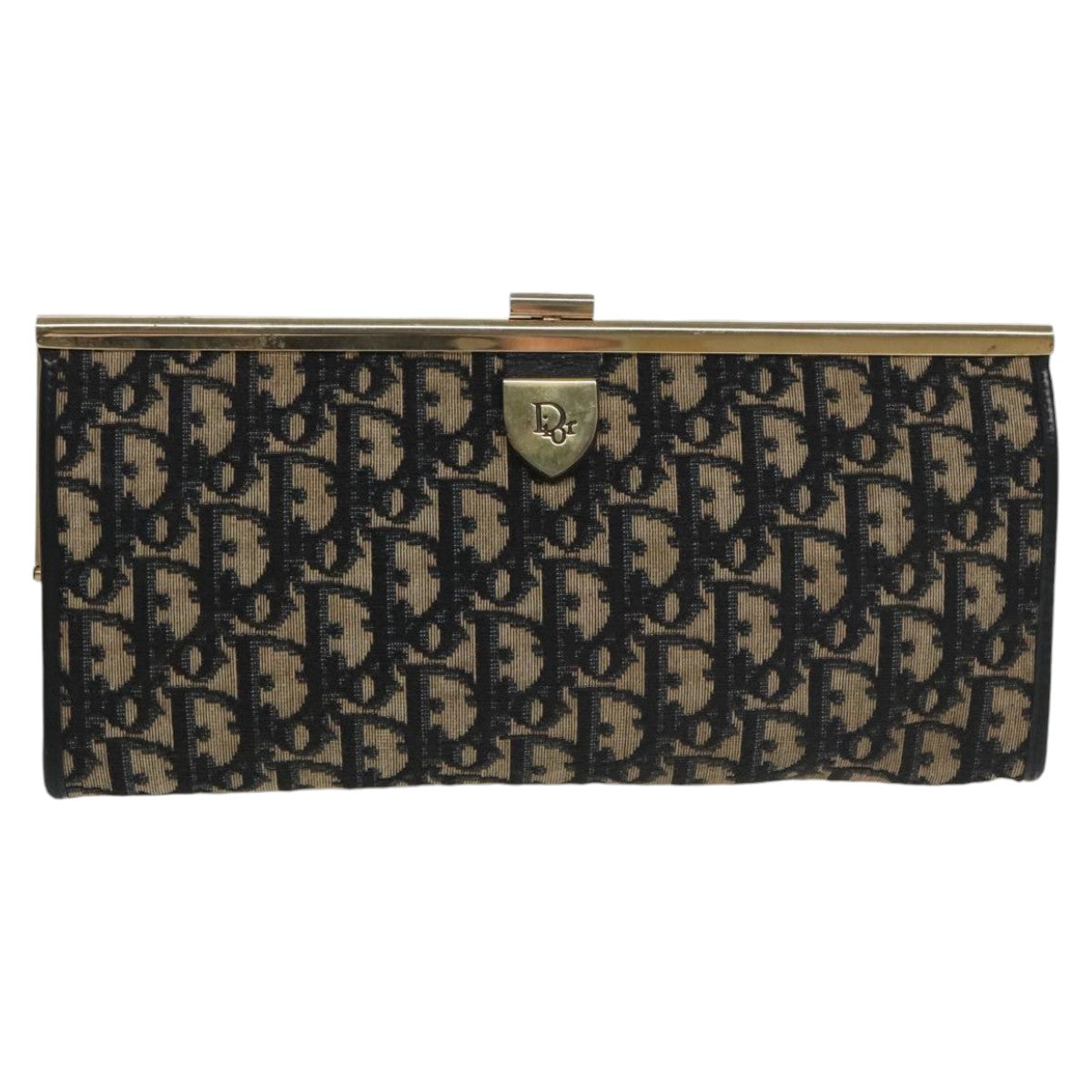 Christian Dior Trotter Canvas Clutch Bag Gold Navy Auth ar12951