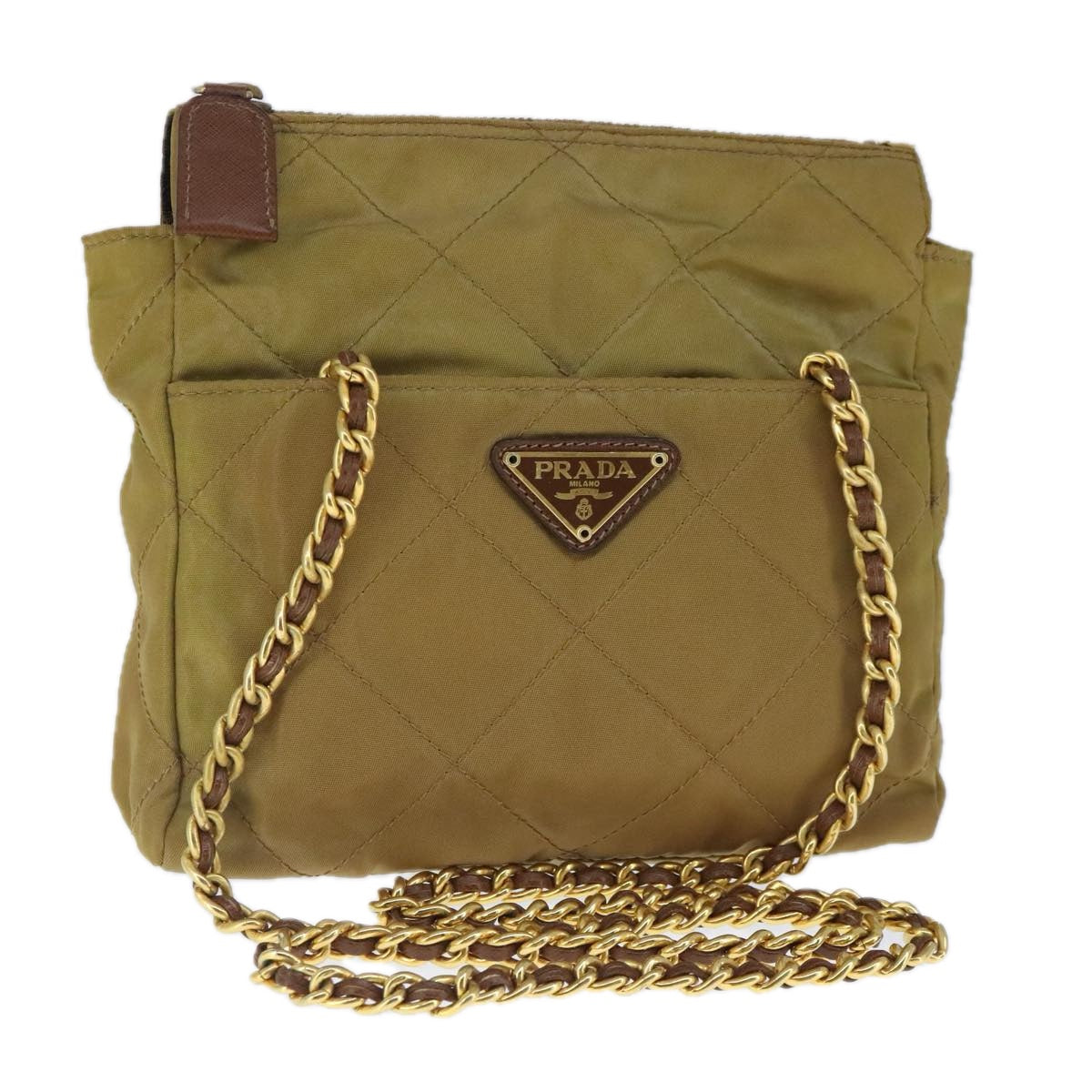 PRADA Chain Shoulder Bag Nylon Beige Gold Auth ar12953