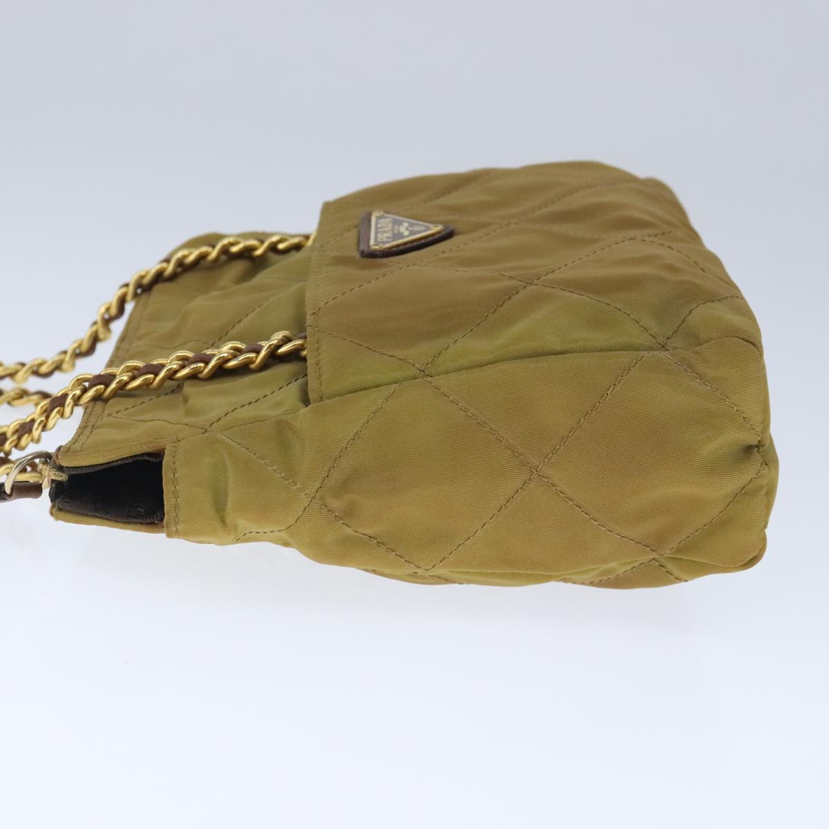 PRADA Chain Shoulder Bag Nylon Beige Gold Auth ar12953