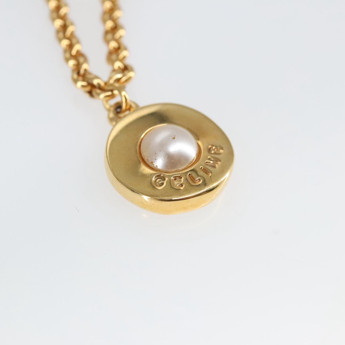 CELINE Pearl Necklace metal Gold Auth ar12965