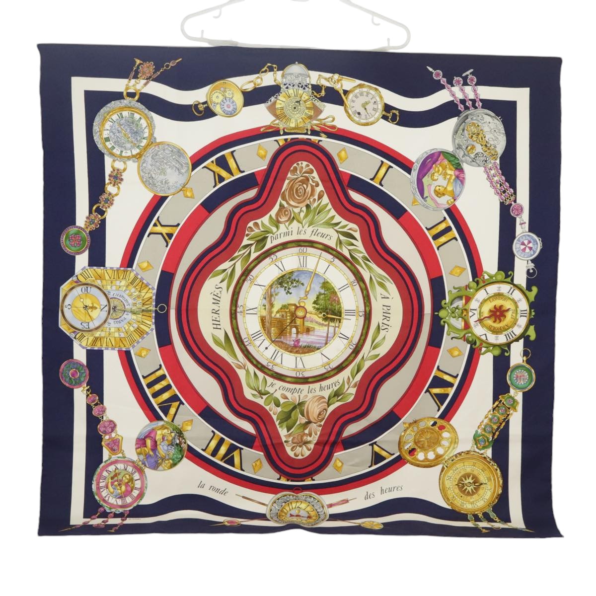 HERMES Carre 90 Scarf ""la ronde des heures"" Silk Navy White Auth ar13021