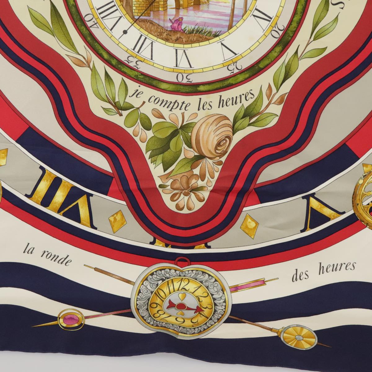 HERMES Carre 90 Scarf ""la ronde des heures"" Silk Navy White Auth ar13021