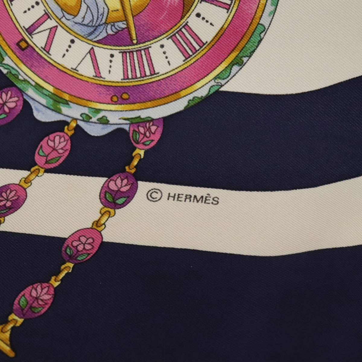 HERMES Carre 90 Scarf ""la ronde des heures"" Silk Navy White Auth ar13021