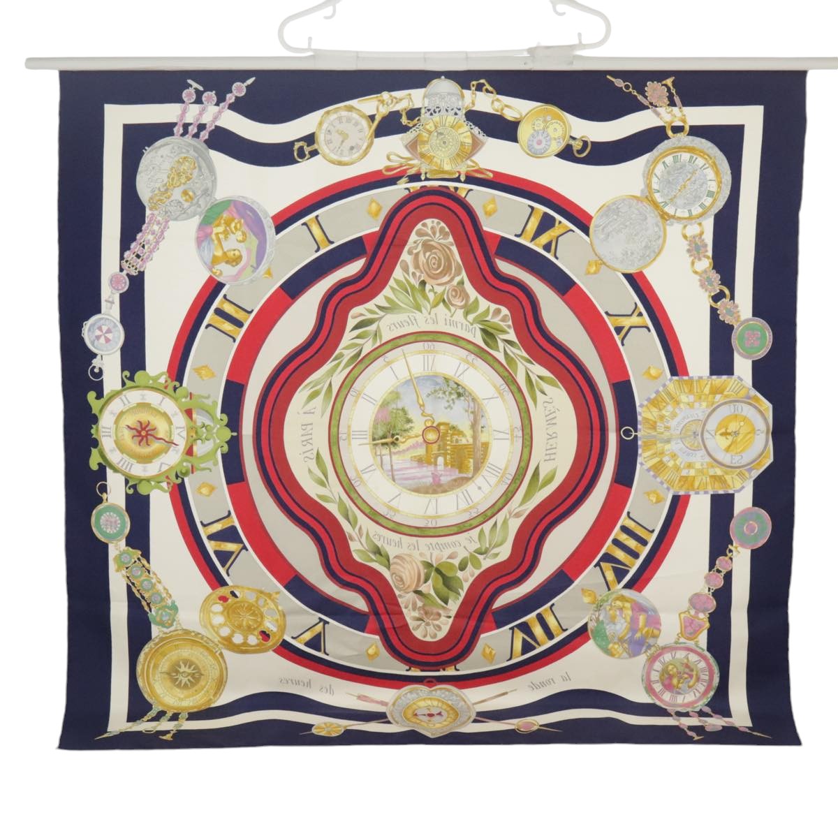 HERMES Carre 90 Scarf ""la ronde des heures"" Silk Navy White Auth ar13021