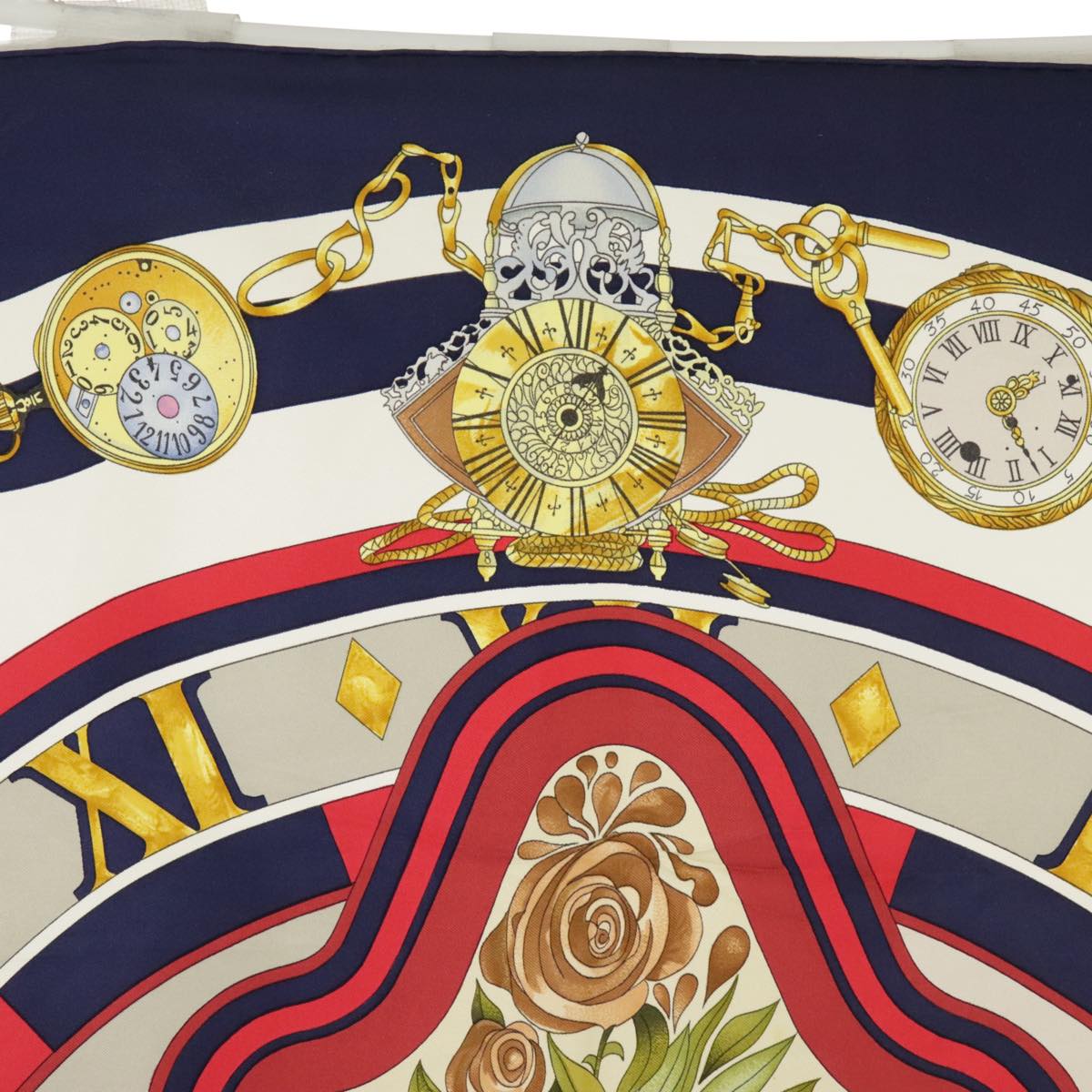 HERMES Carre 90 Scarf ""la ronde des heures"" Silk Navy White Auth ar13021