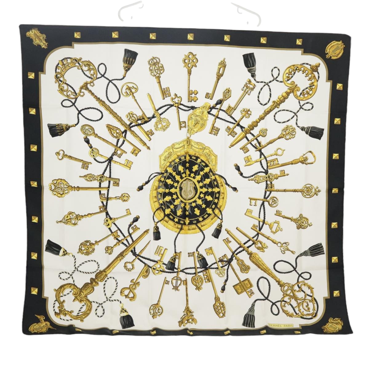 HERMES Carre 90 Scarf ""LES CLES"" Silk Black White Auth ar13022