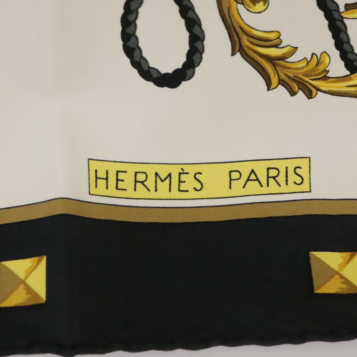 HERMES Carre 90 Scarf ""LES CLES"" Silk Black White Auth ar13022