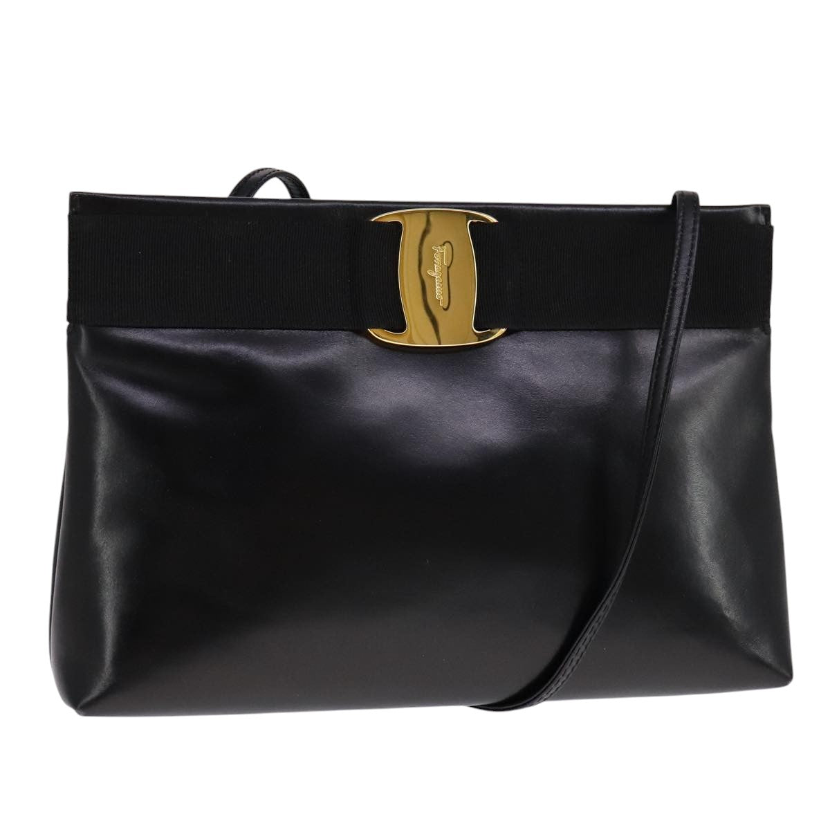 Salvatore Ferragamo Vala Shoulder Bag Leather Black Gold Auth ar13206