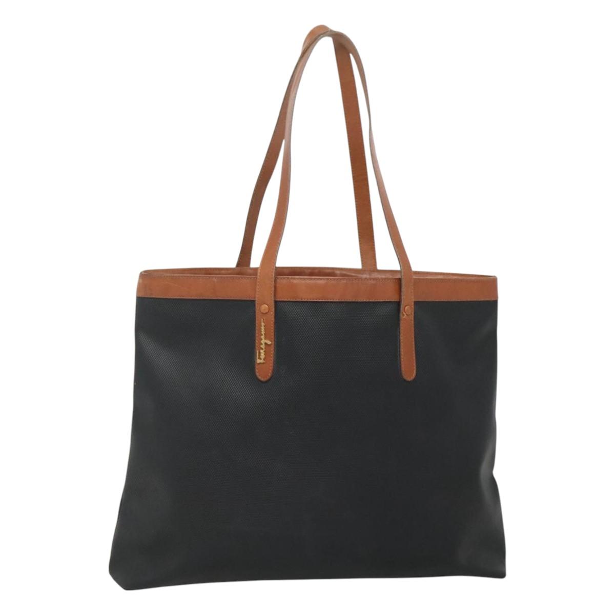 Salvatore Ferragamo Tote Bag PVC Leather Black Gold Auth ar13392