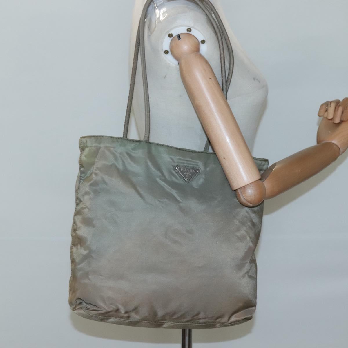 PRADA Tote Bag Nylon Beige Silver Auth ar13394